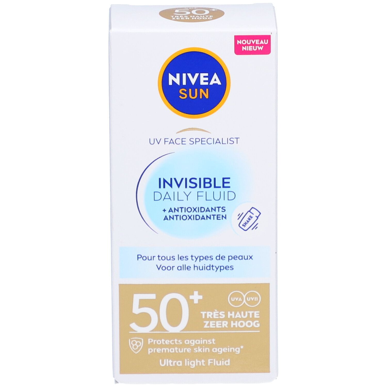 Emballage. Inscription : NIVEA SUN, Invisible Daily Fluid, SPF 50+. Avec emballage.