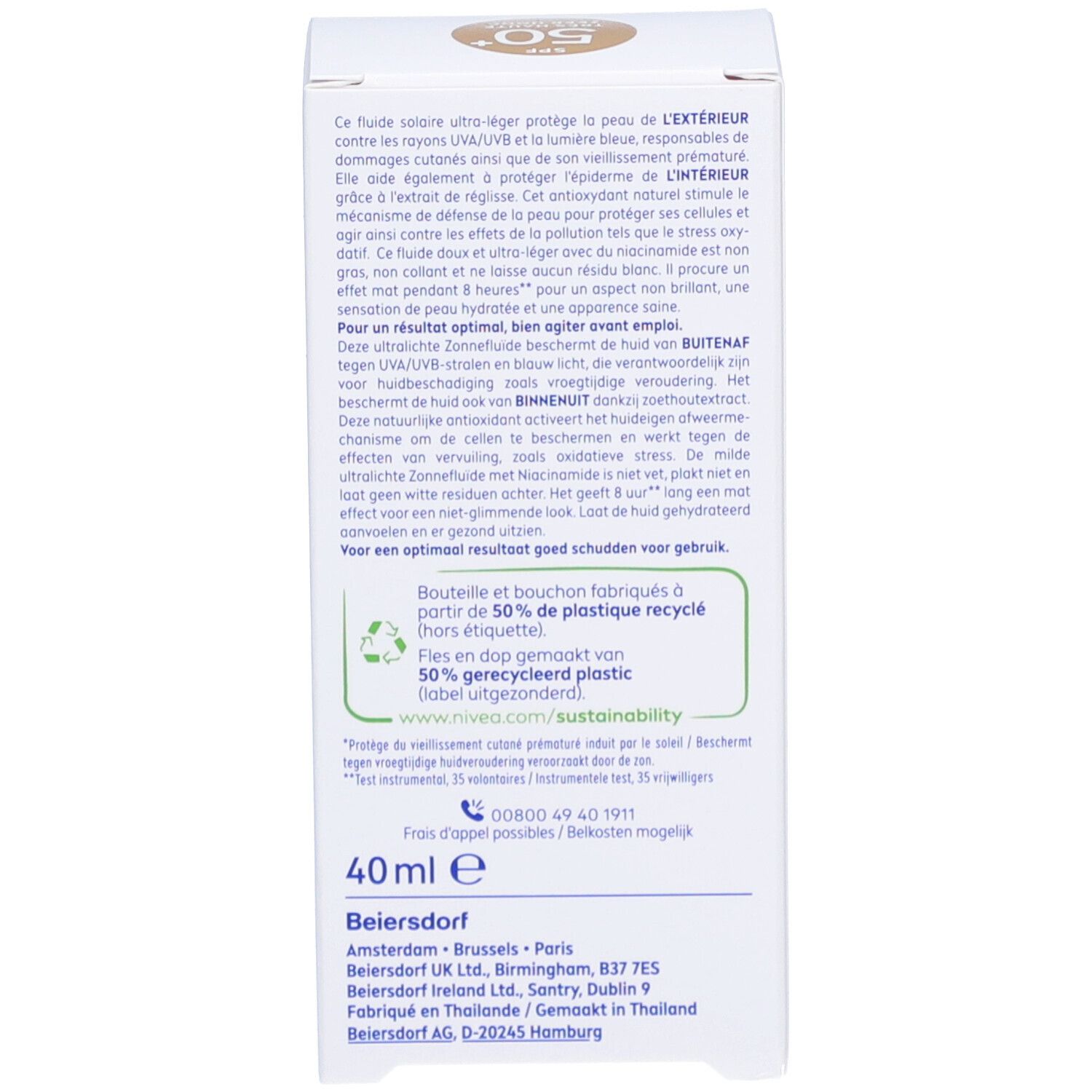 Emballage. Texte : 40ml. Flacon en plastique recyclé à 50%. Durabilité.