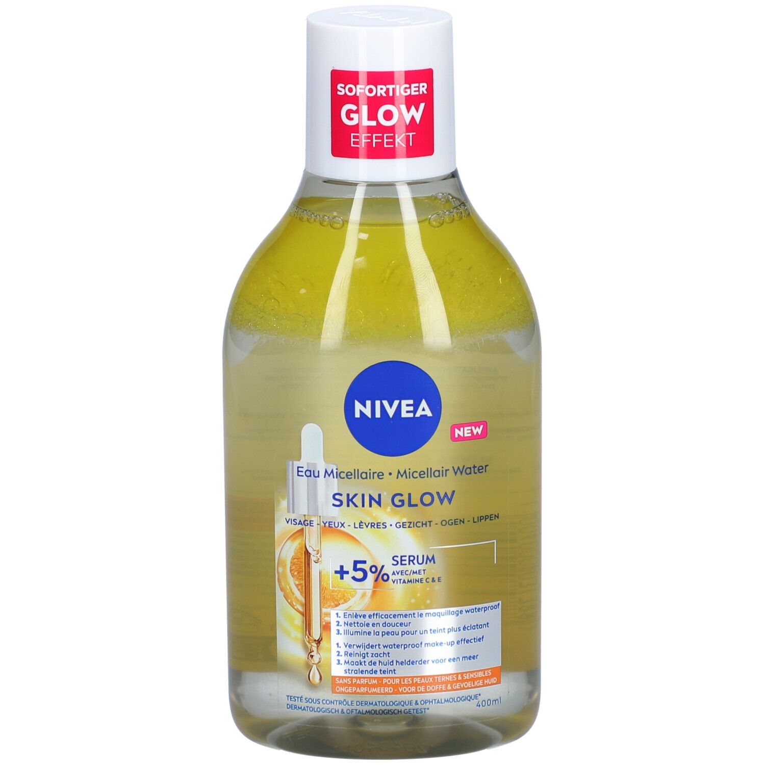 Nivea Skin Glow Eau Micellaire mit Serum und Vitamin C&E. Klare Flüssigkeit in durchsichtiger Flasche mit weißem Verschluss.