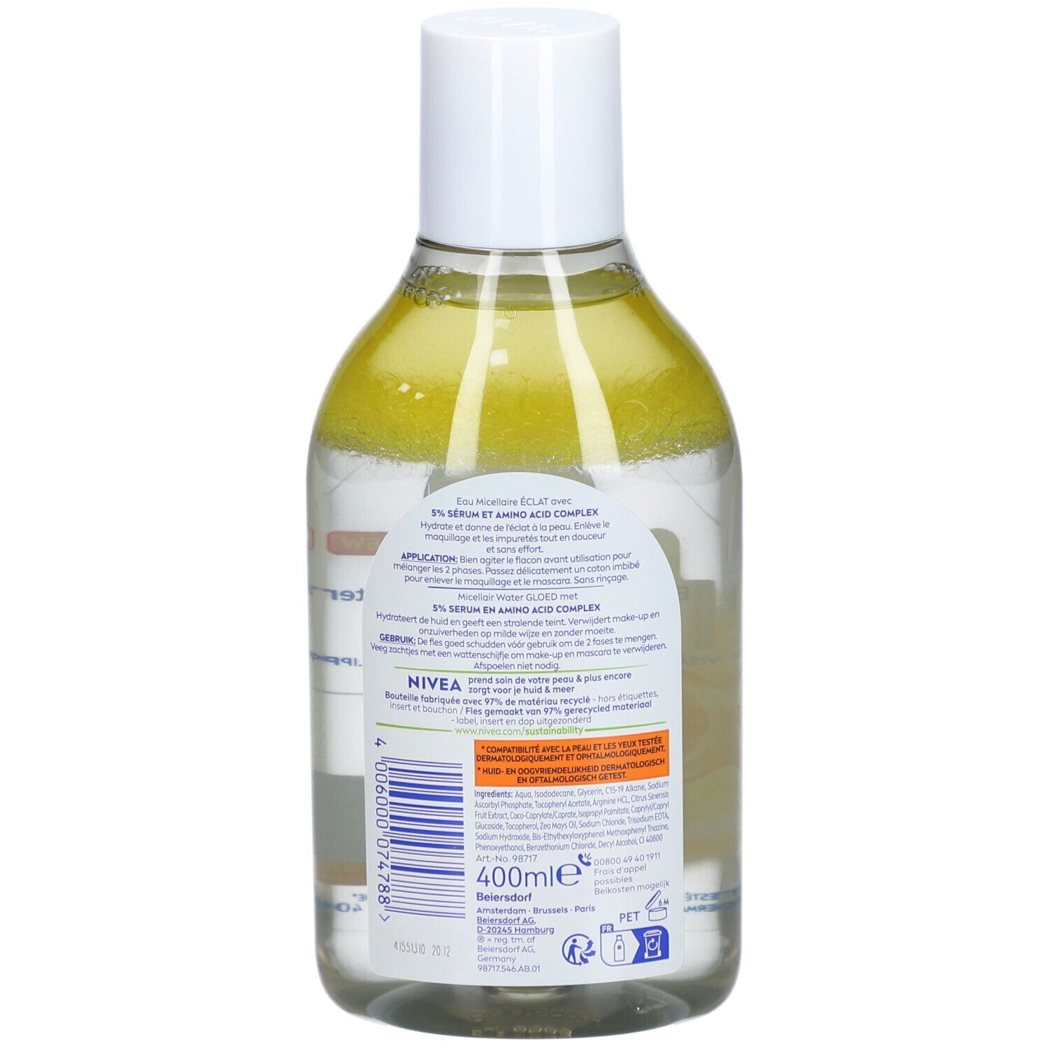Rückseite der Nivea Skin Glow Eau Micellaire Flasche mit Produktinformationen und Barcode. 400ml.