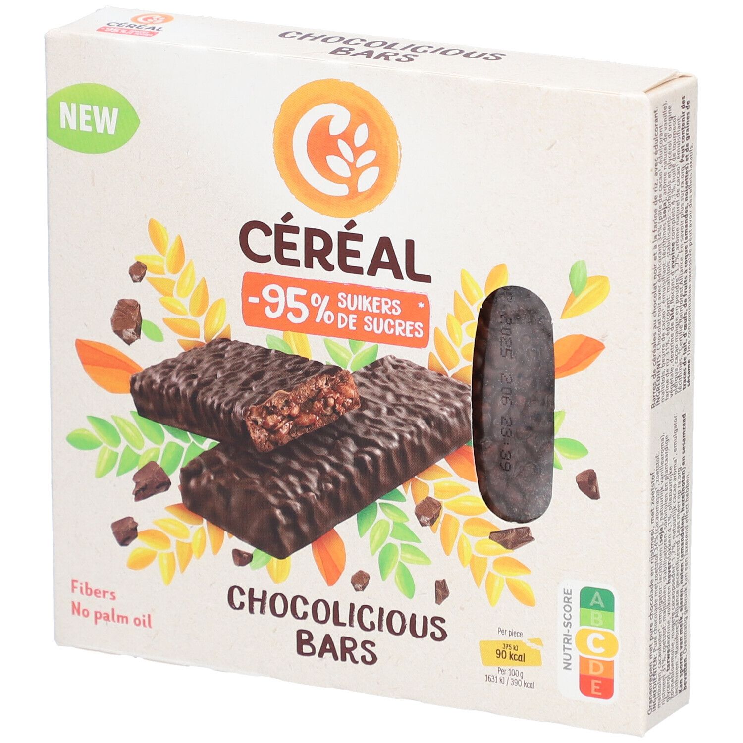 Boîte de CERECAL Chocolicious Bars. Deux barres, chocolat noir, farine de riz. Inscription : -95% de sucres, fibres, sans huile de palme.