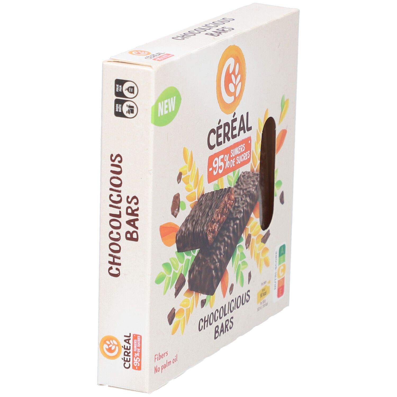 Boîte CERECAL Chocolicious Bars, en biais. Deux barres, chocolat noir, farine de riz. Inscription : -95% de sucres, fibres, sans huile de palme.