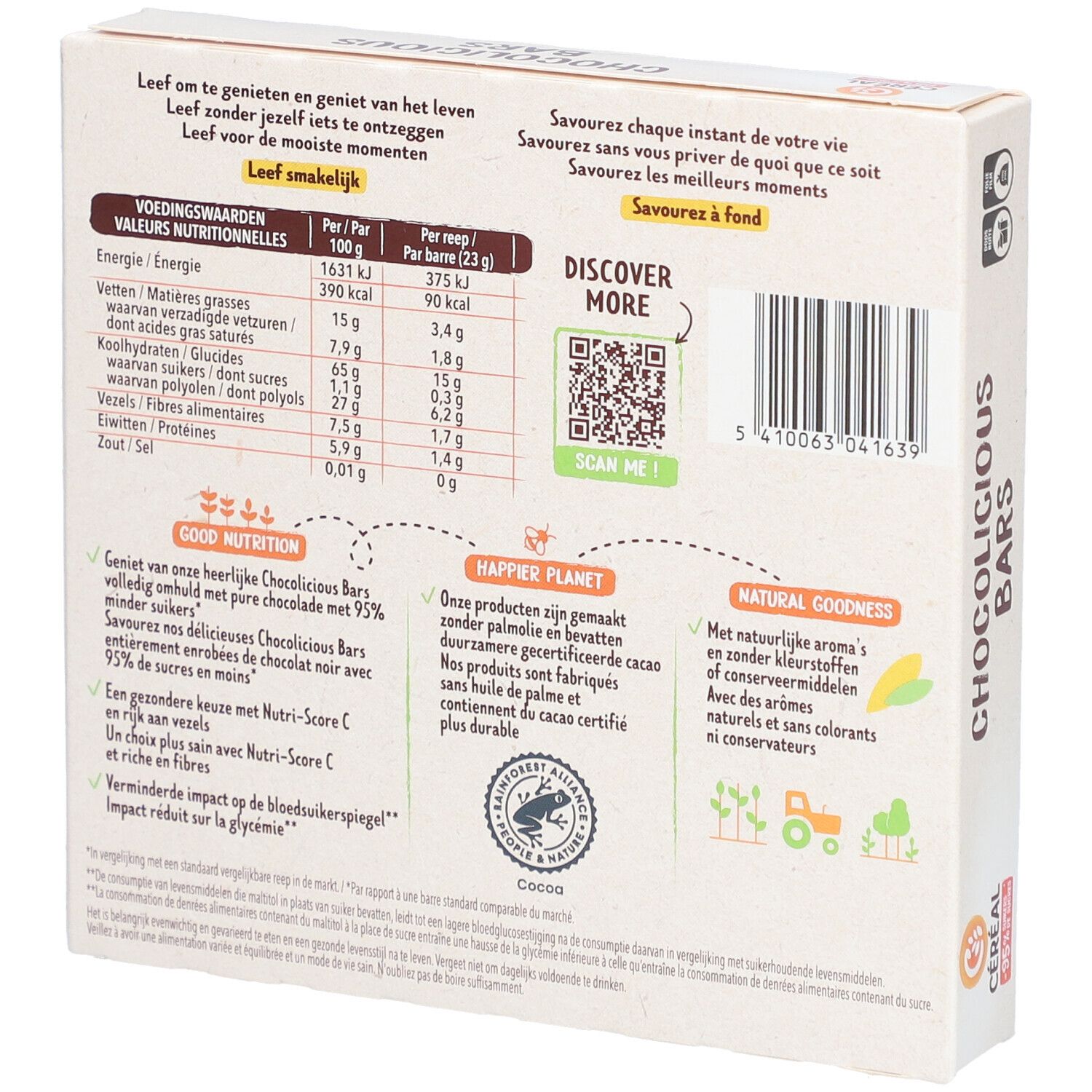Dos de la boîte CERECAL Chocolicious Bars. Informations nutritionnelles, code QR, texte multilingue, logo développement durable.