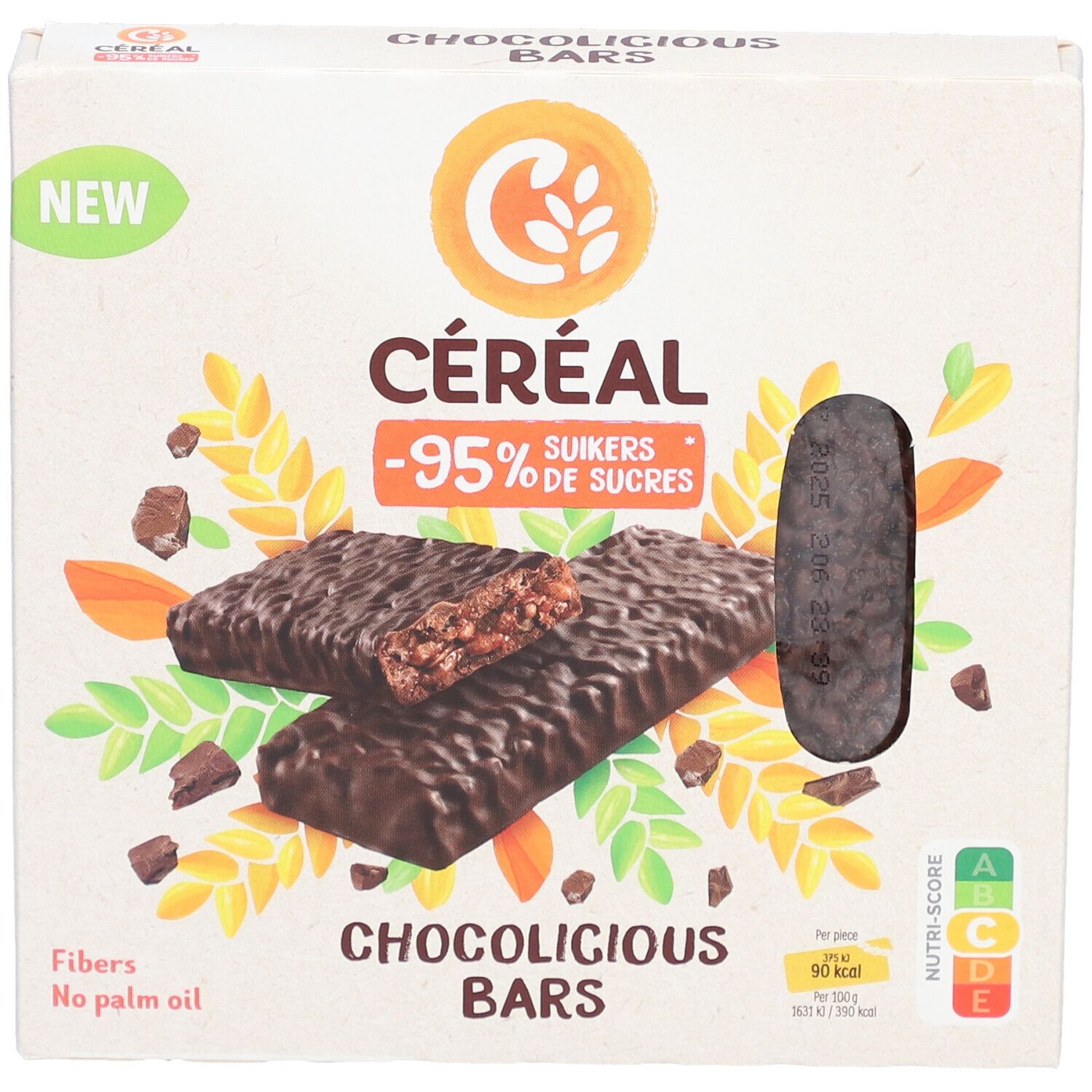 Boîte CERECAL Chocolicious Bars. Deux barres, chocolat noir, farine de riz. Inscription : -95% de sucres, fibres, sans huile de palme. Date limite.