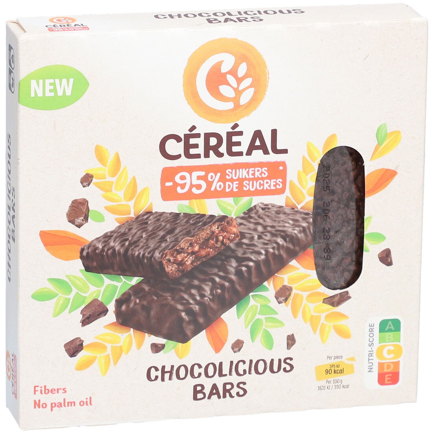 Boîte CERECAL Chocolicious Bars. Deux barres, chocolat noir, farine de riz. Inscription : -95% de sucres, fibres, sans huile de palme. Date limite.