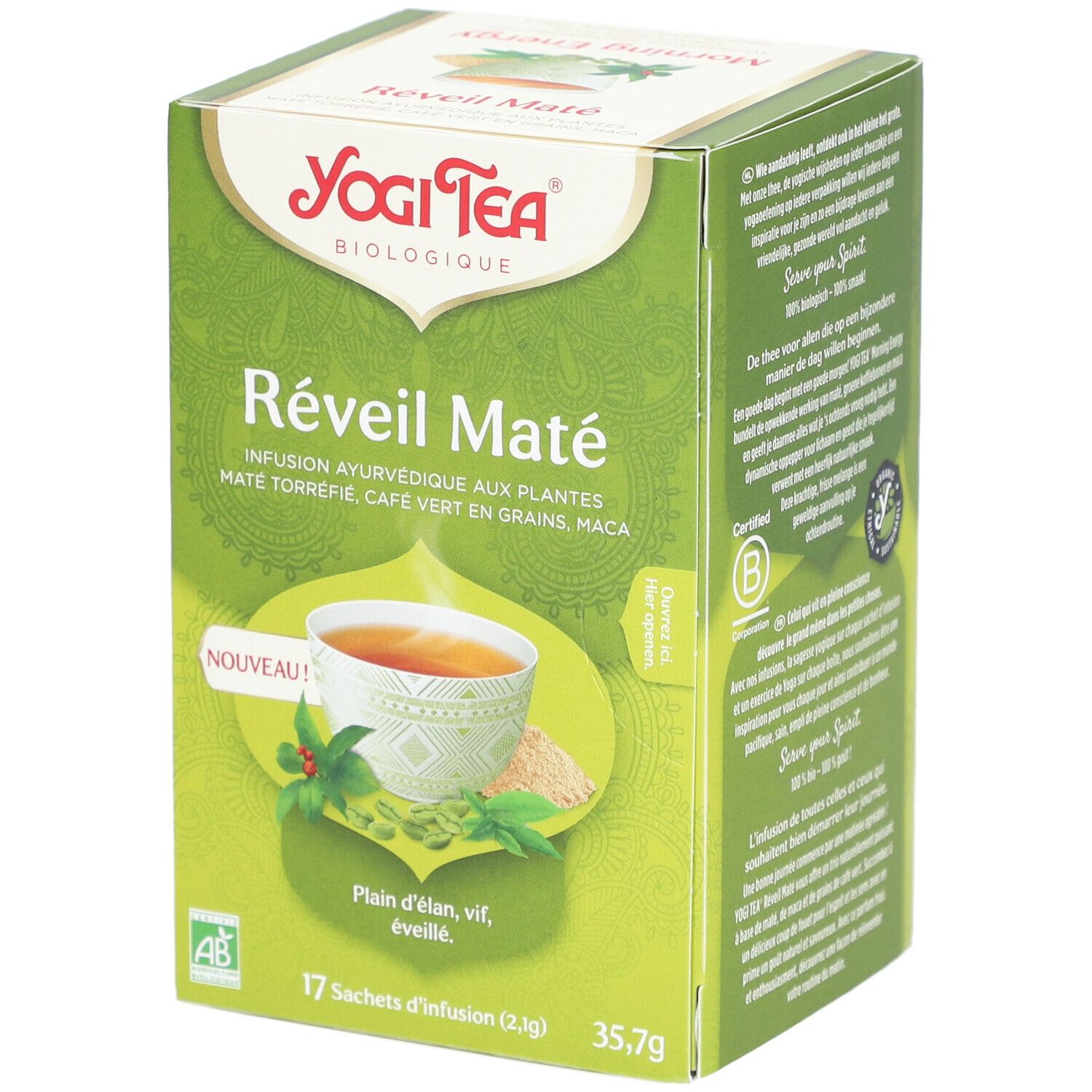 Grüne Schachtel mit Yogi Tea Réveil Maté. Aufdruck: 17 Teebeutel, 35,7g, Bio-Siegel, AB-Siegel. Abbildung einer Tasse Tee.