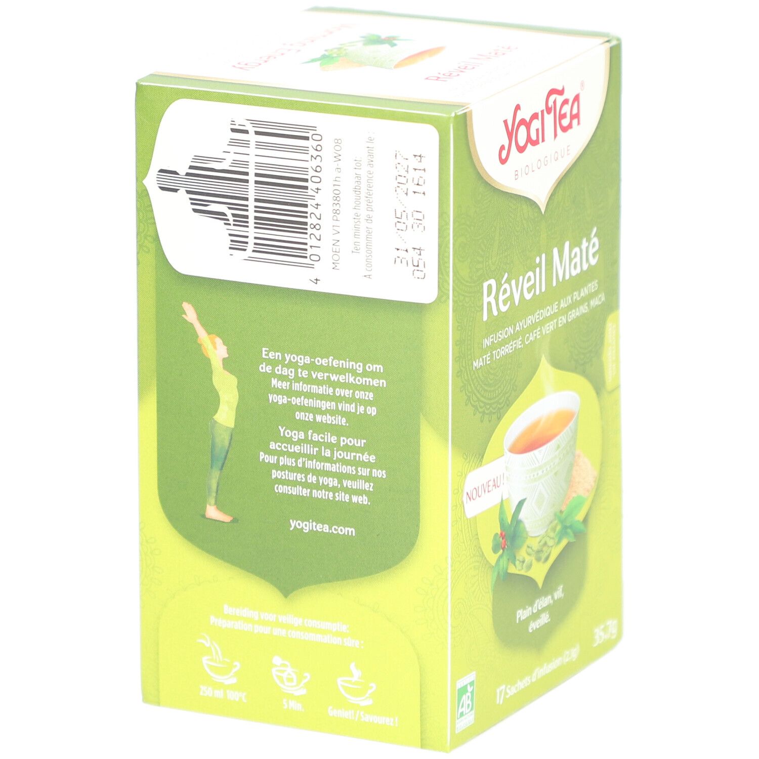 Rückseite der grünen Yogi Tea Réveil Maté Schachtel. Text und Illustration einer Yoga-Übung. Barcode und Mindesthaltbarkeitsdatum.