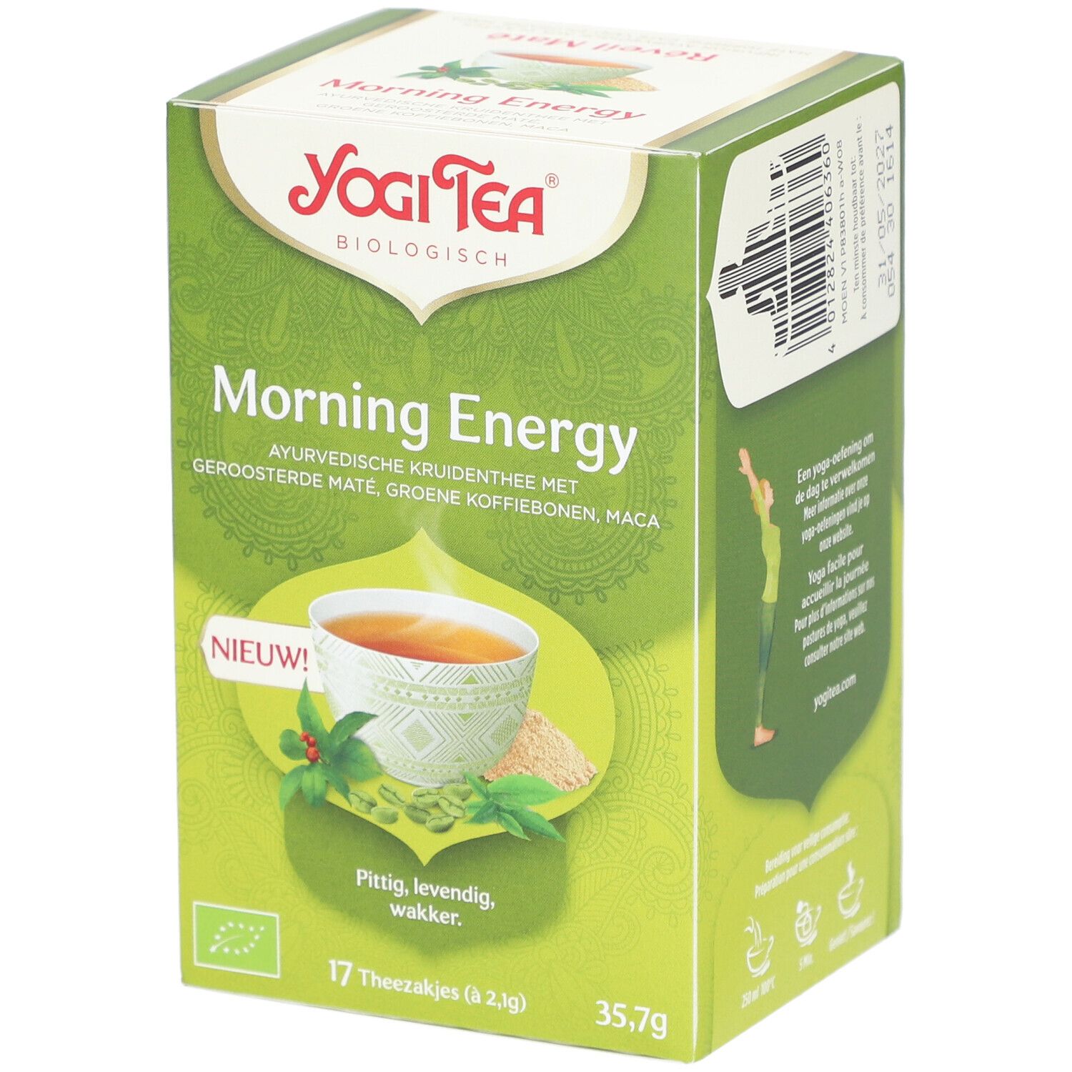 Grüne Schachtel Yogi Tea Morning Energy. Aufdruck: 17 Teebeutel, 35,7g, Bio-Siegel. Abbildung einer Tasse Tee.