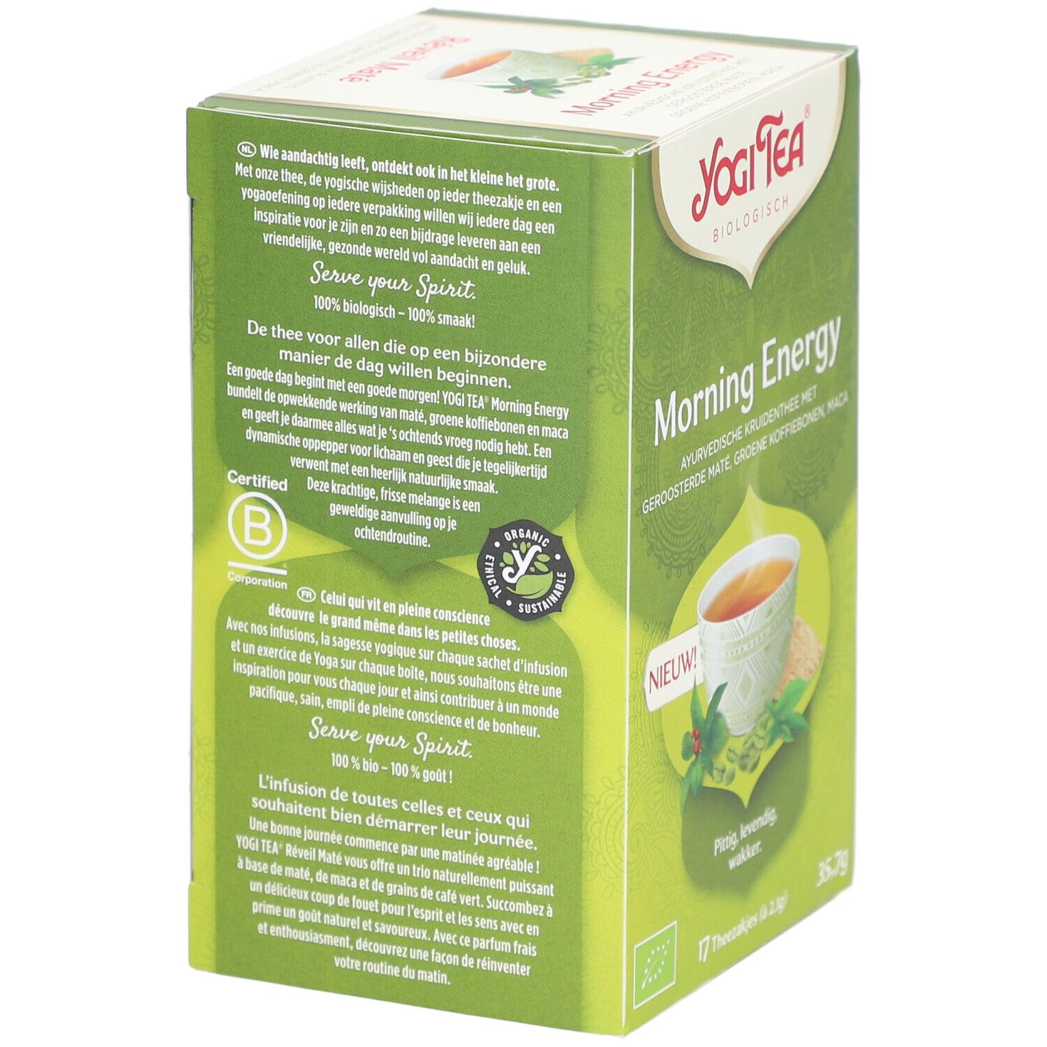 Rückseite der grünen Yogi Tea Morning Energy Schachtel. Text und Illustration. Bio-Siegel und Halal-Zertifizierung.