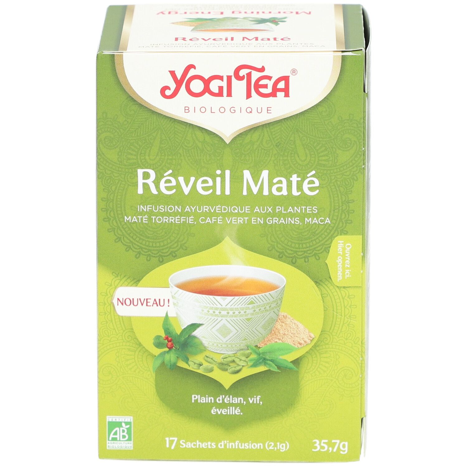 Grüne Schachtel Yogi Tea Réveil Maté. Aufdruck: 17 Teebeutel, 35,7g, Bio-Siegel, AB-Siegel. Abbildung einer Tasse Tee.