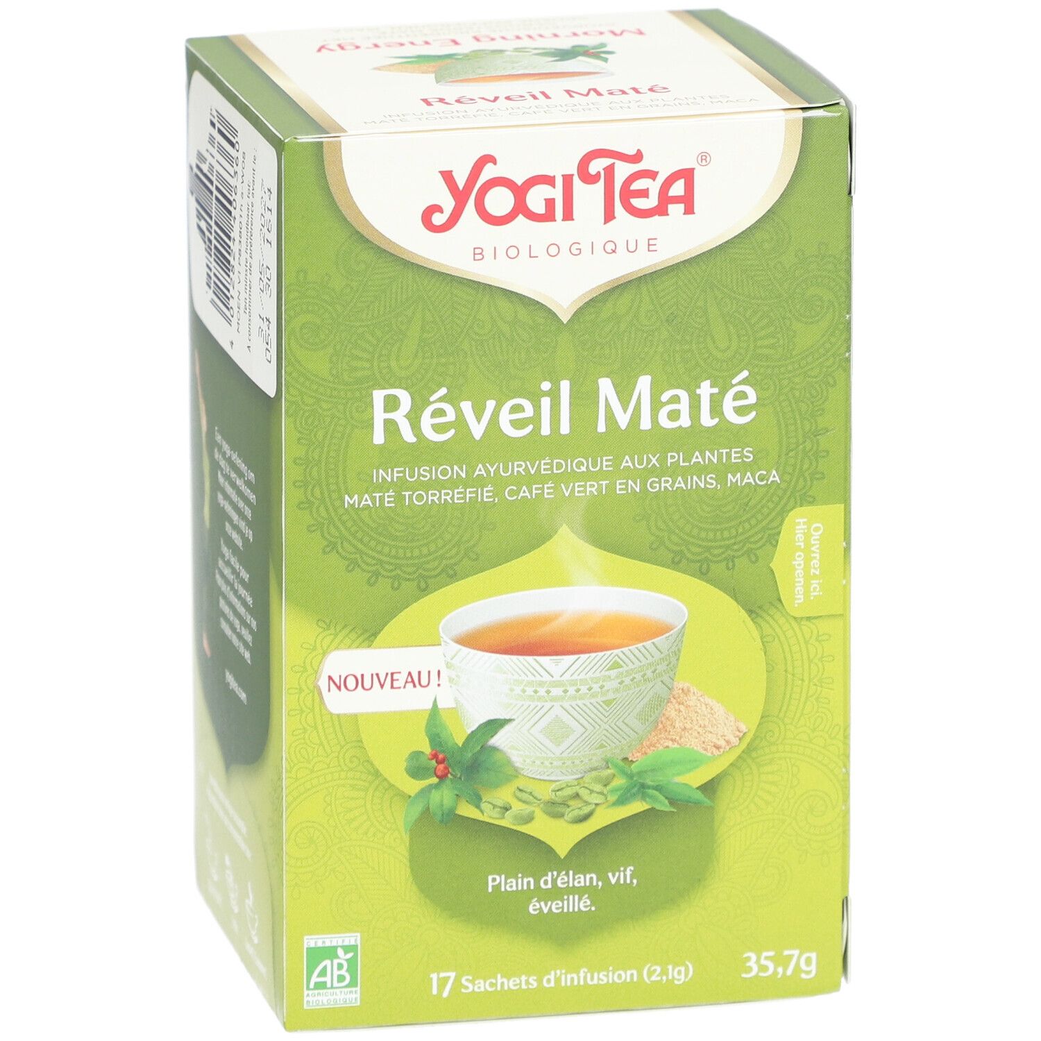 Grüne Schachtel Yogi Tea Réveil Maté. Aufdruck: 17 Teebeutel, 35,7g, Bio-Siegel, AB-Siegel. Abbildung einer Tasse Tee.