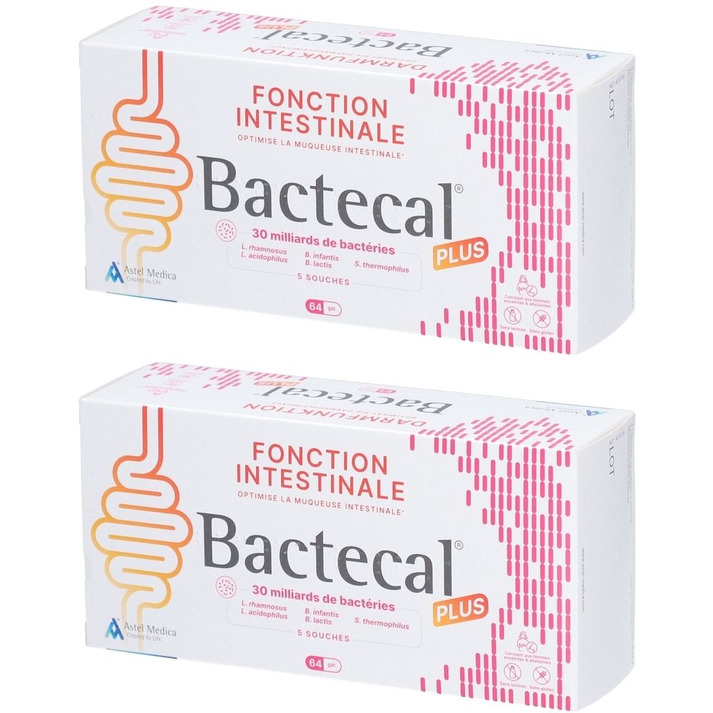 Zwei weiße Kartons mit Bactecal Plus-Logo und Text. Aufschrift: Fonction Intestinale. 30 Milliarden Bakterien. 5 Sachets.