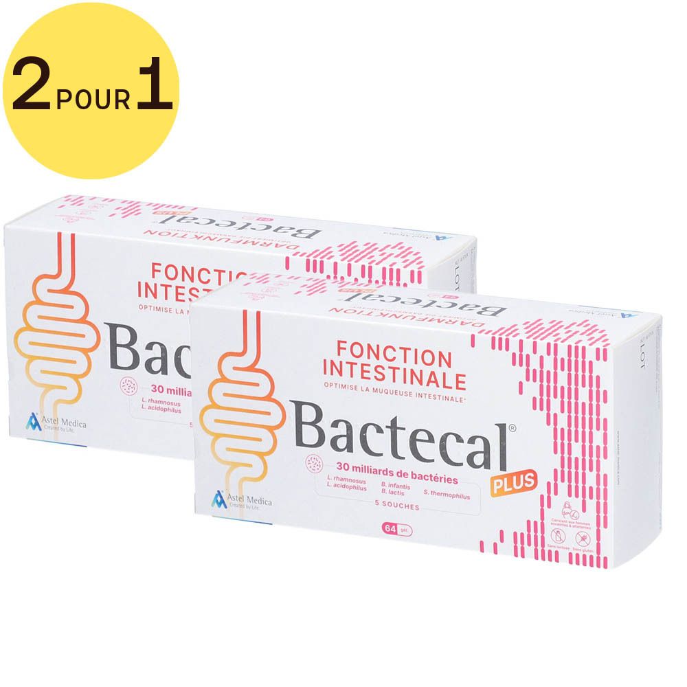 Deux boîtes blanches Bactecal Plus avec cercle jaune '2 pour 1'. Texte: Fonction Intestinale, 30 milliards de bactéries, 5 sachets.