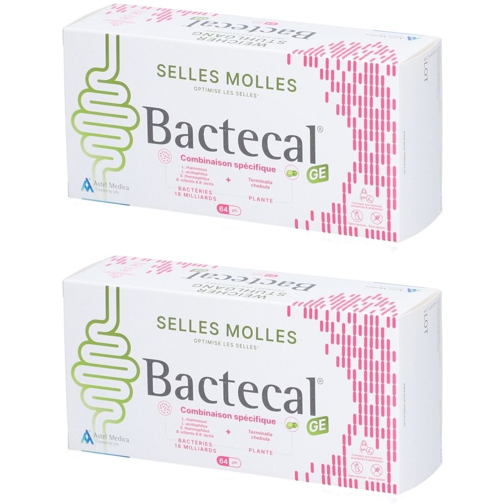Deux boîtes de Bactecal GE. Boîtes blanches avec illustration verte d'intestin et motif rose. Texte: Bactecal, Selles Molles.