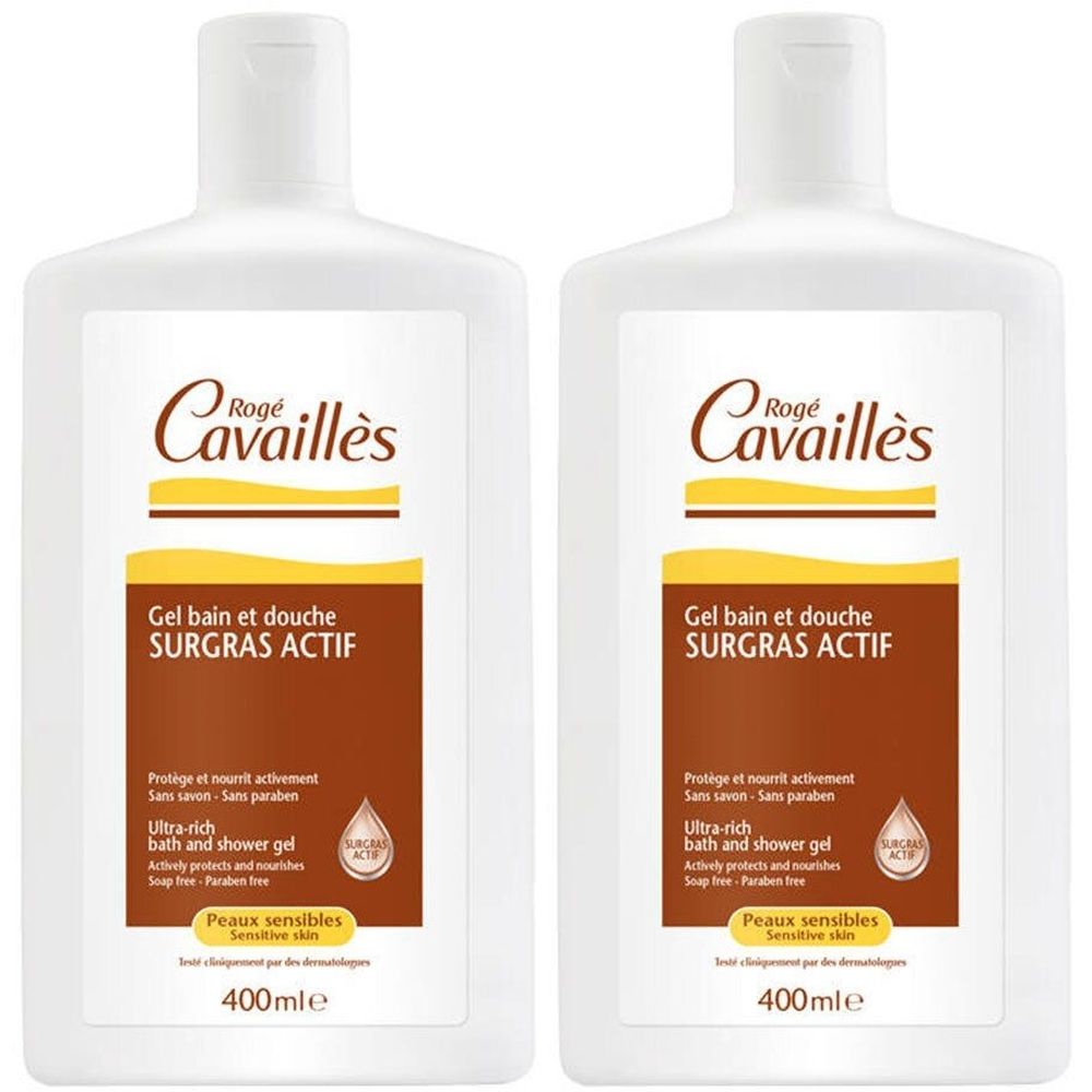 Zwei Flaschen Rogé Cavaillès Gel Bain & Douche. Weiß, mit braunen Etiketten und Schriftzug. Aufschrift: SURGRAS ACTIF, 400ml.