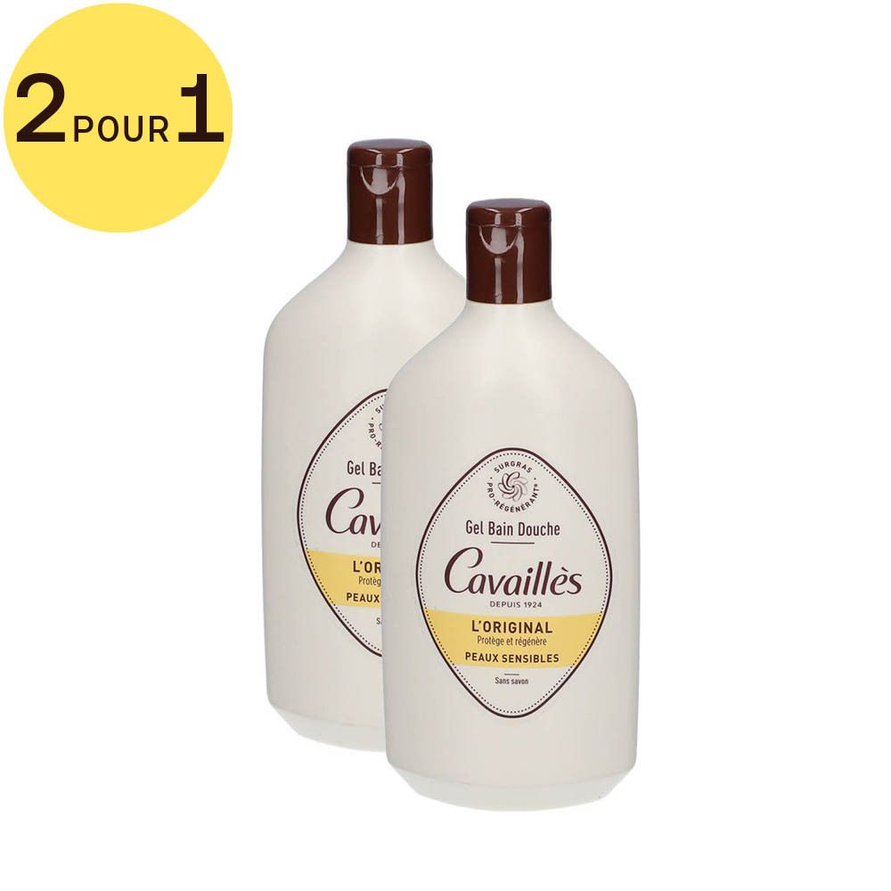 Deux flacons de gel douche Rogé Cavaillès L'Original. Blancs, bouchon marron. Inscription: L'ORIGINAL, 2 pour 1.