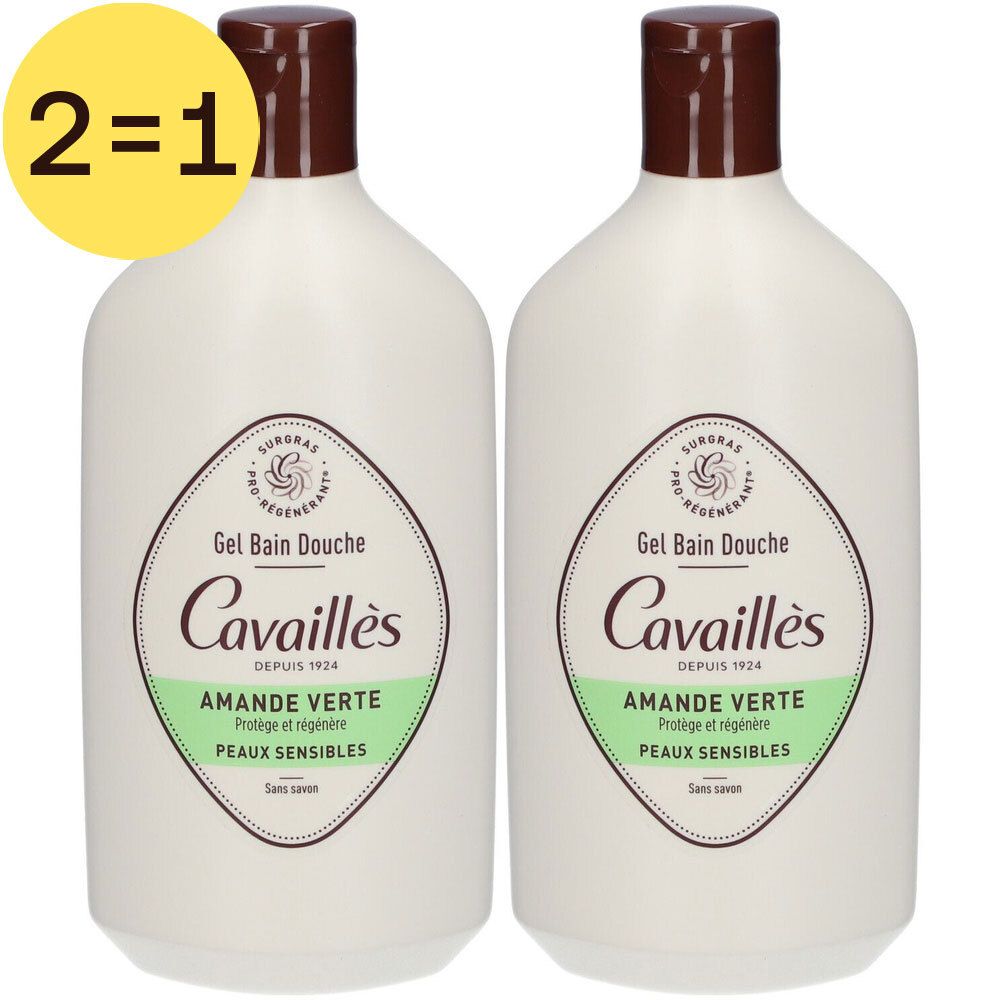 Deux flacons de gel douche blancs, bouchons marron. Inscription: Cavaillès, Amande Verte, Peaux Sensibles. Autocollant 2=1.
