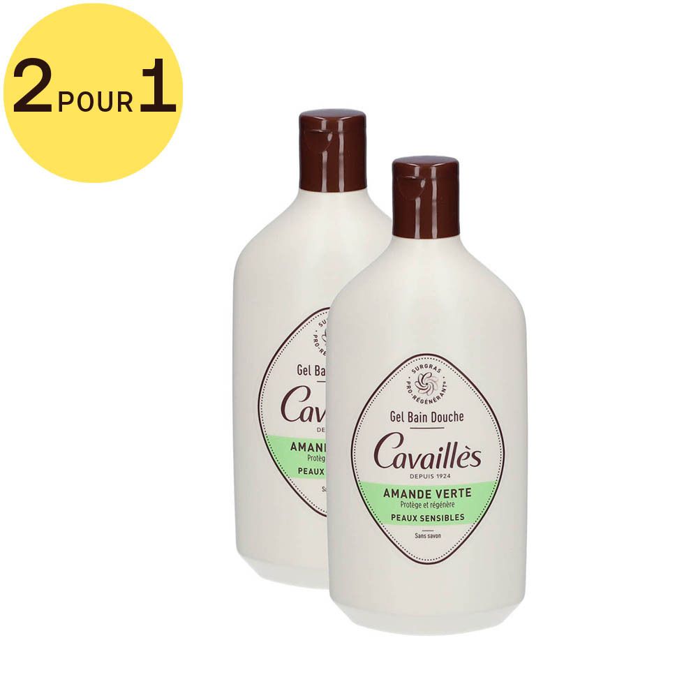 Deux flacons de gel douche blancs, bouchons marron. Inscription: Cavaillès, Amande Verte, Peaux Sensibles. Autocollant: 2 POUR 1.