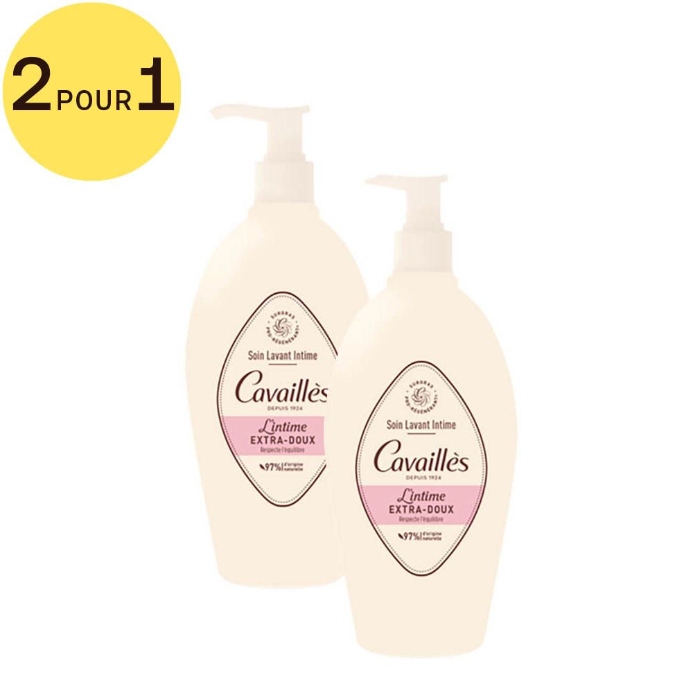 Deux flacons de Rogé Cavaillès Intimreinigung extra-sanft. Flacons blancs avec pompe. Étiquette rose avec texte.