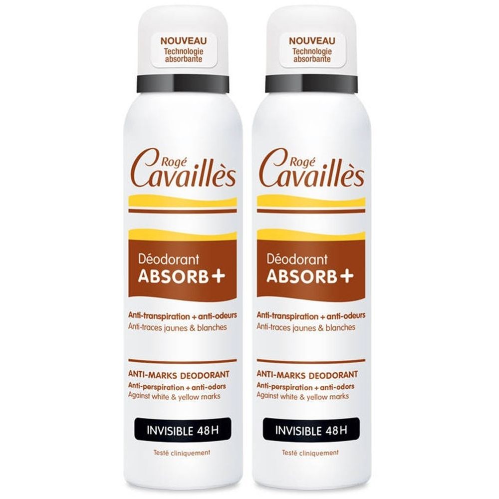 Deux sprays déodorants blancs. Accents marron et jaune. Texte: Rogé Cavaillès, Déodorant Absorb+, Invisible 48H. Anti-transpiration + anti-odeurs.