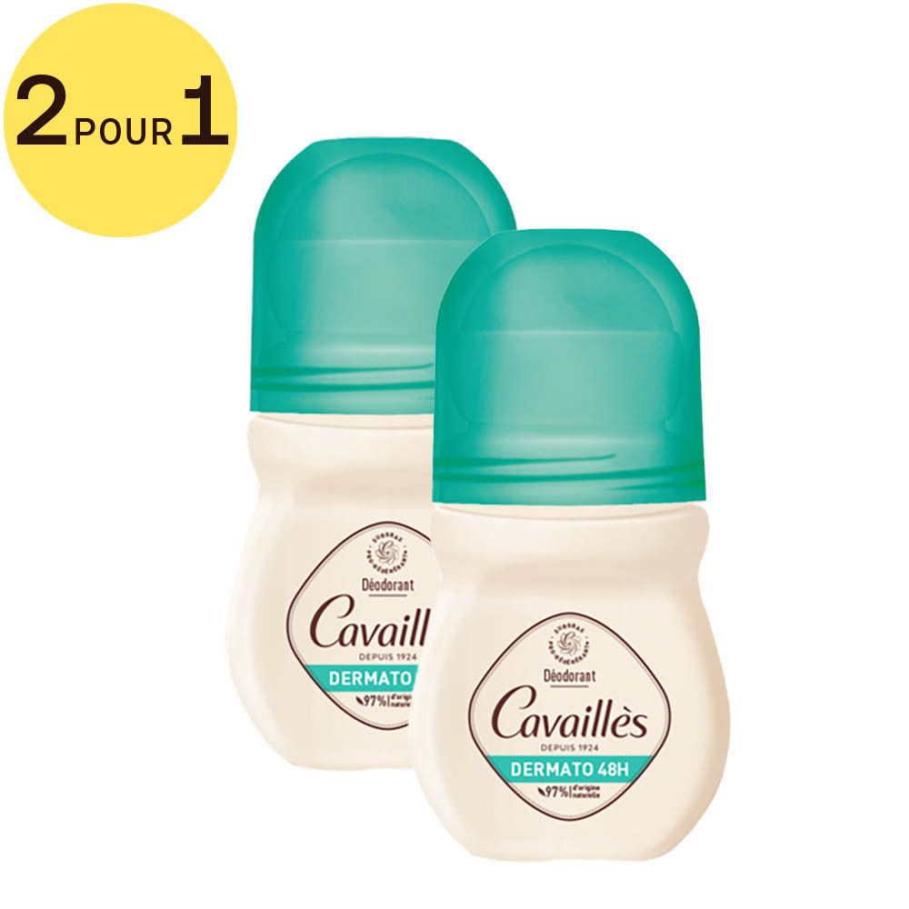 Deux déodorants roll-on. Flacon blanc, bouchon turquoise. Inscriptions: Rogé Cavaillès, Déodorant Dermato 48H, 2 pour 1, 97% naturelle.