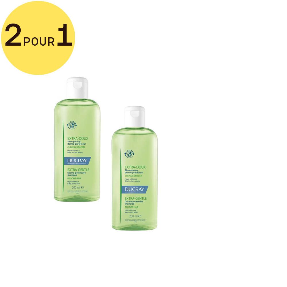 Deux flacons de shampooing verts avec bouchon blanc. Cercle jaune avec inscription 2 pour 1. Logo Ducray.