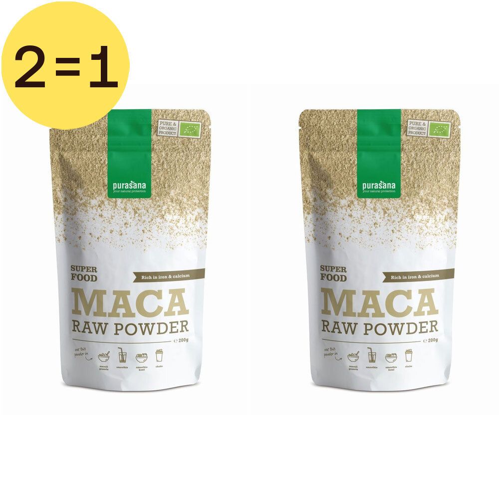Zwei Beutel Maca-Pulver, Superfood, Rohpulver. Aufschrift: 2=1. Bio-Siegel.