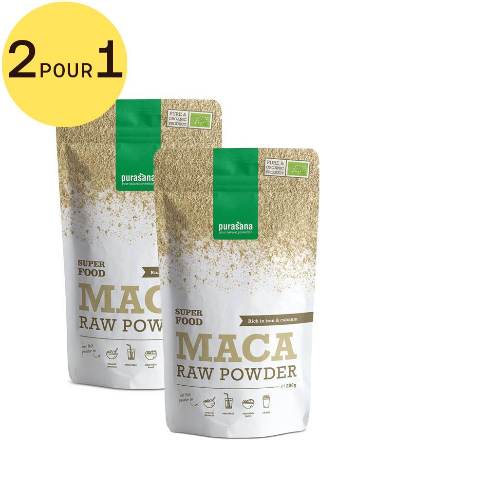 Deux sachets de poudre de Maca, Superfood, poudre crue. Inscription: 2 pour 1. Label bio.