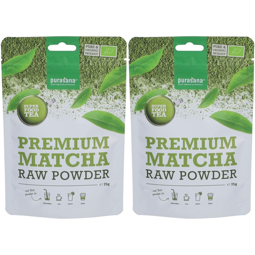 Zwei Beutel Purasana Premium Matcha Rohpulver. Grüne Verpackung mit Blättern und Logo. Bio-Zertifizierung.