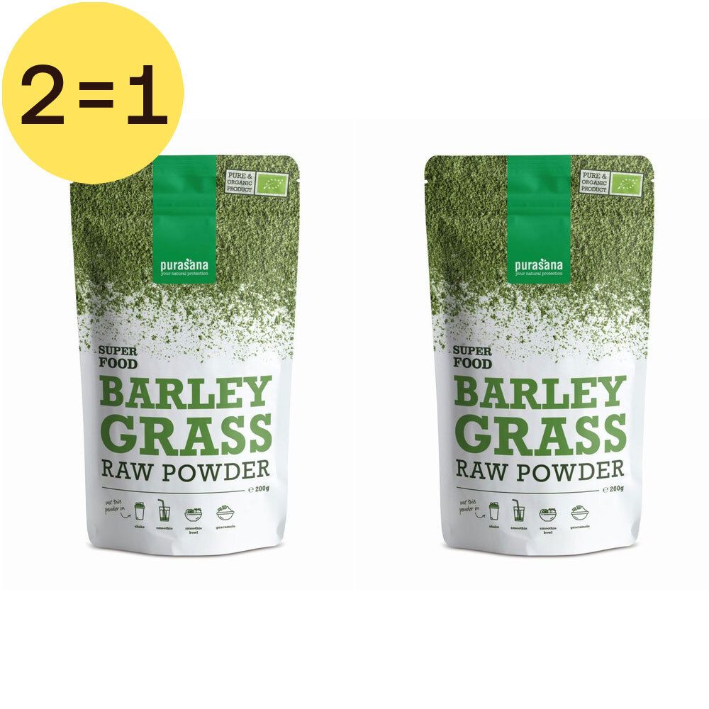 Zwei Beutel Purasana Barley Grass Raw Powder. Grün-weiße Verpackung mit Produktnamen und Bio-Siegel. Gelber Kreis mit "2=1".