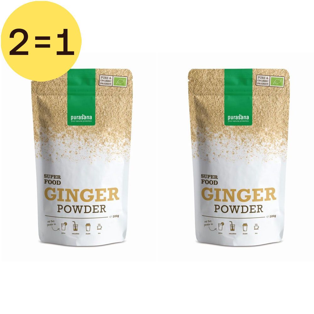 Zwei Beutel Purasana® Ginger Powder. Aufschrift: Superfood, Ginger Powder. Bio-Siegel. Gelber Kreis mit "2=1".