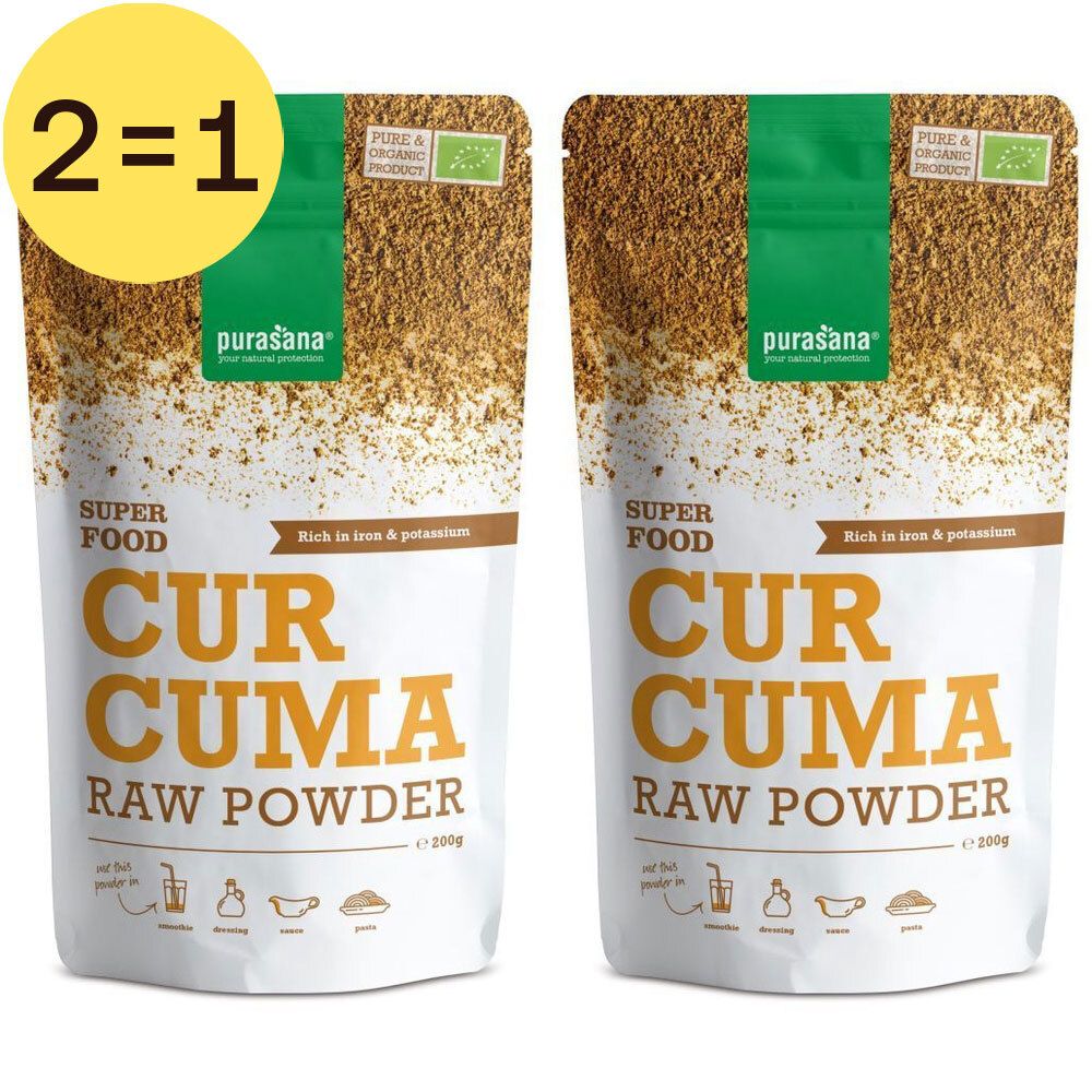 Deux sachets de poudre de curcuma Purasana. Inscription '2=1'. Label bio. 'Superfood', 'Curcuma Raw Powder'.