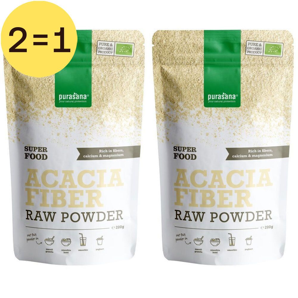 Zwei Beutel Purasana Acacia Fiber Raw Powder, Superfood. Aufschrift: Reich an Ballaststoffen, Calcium & Magnesium. Bio-Siegel.