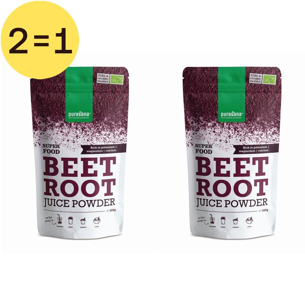 Zwei Beutel Rote-Bete-Saft-Pulver. Aufschrift: Superfood, Beet Root Juice Powder. Bio-Siegel. Gelber Kreis mit "2=1".