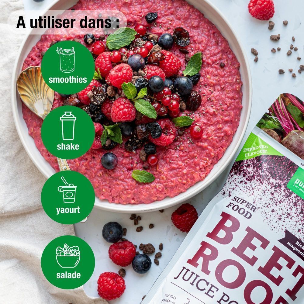 Verpackung von Rote-Bete-Saftpulver mit der Aufschrift 'SUPER FOOD BEETROOT JUICE POWDER'.