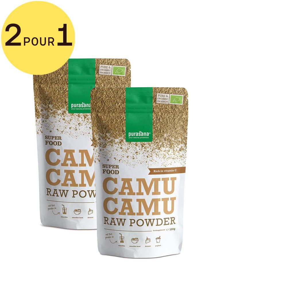 Deux sachets de poudre Purasana Camu Camu. Inscription : Superfood, Camu Camu Raw Powder. Certification bio. Cercle jaune "2 POUR 1".