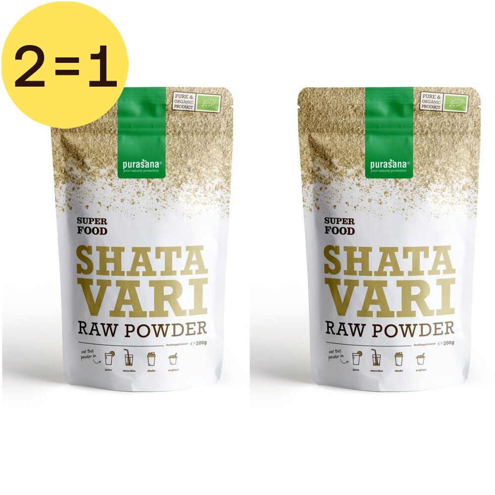 Zwei Beutel Shatavari-Pulver. Aufschrift: Superfood, Shatavari Raw Powder. Gelber Kreis mit "2=1".