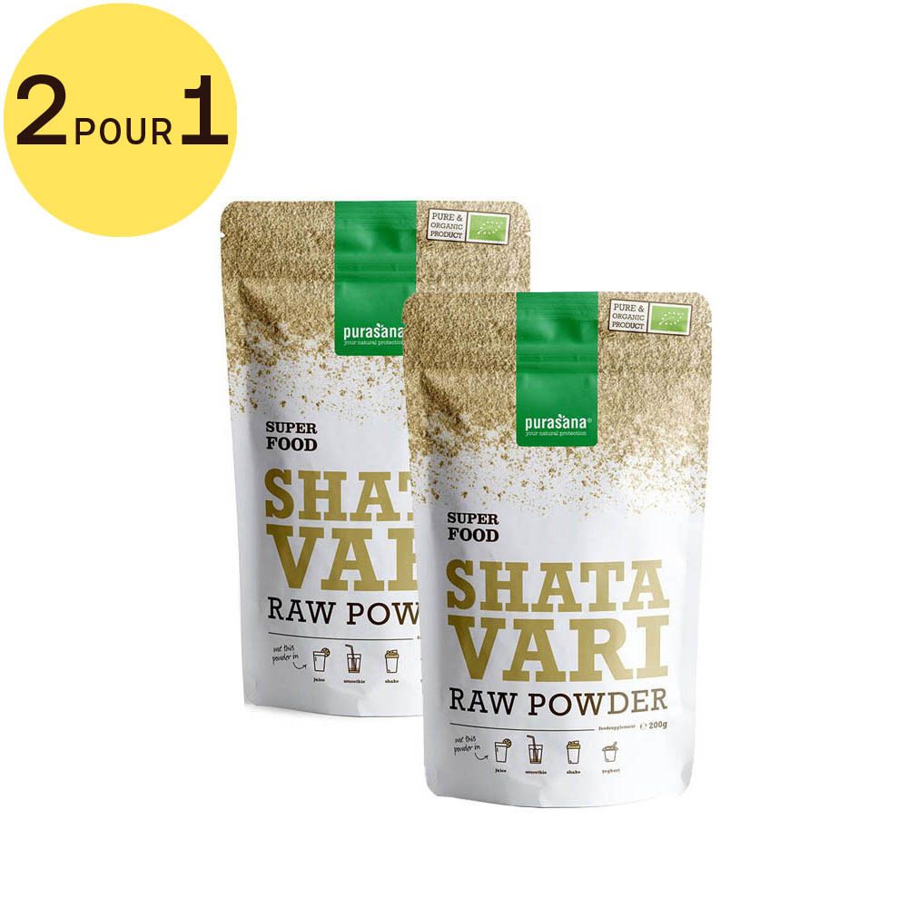 Deux sachets de poudre de Shatavari. Inscription: Superfood, Shatavari Raw Powder. Cercle jaune avec "2 POUR 1".