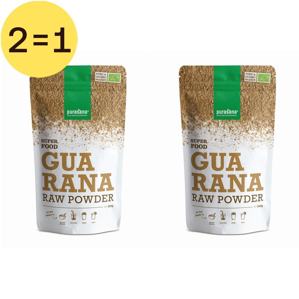 Zwei Beutel Purasana Guarana Raw Powder. Bio-Zertifizierung. Gelber Kreis mit "2=1".