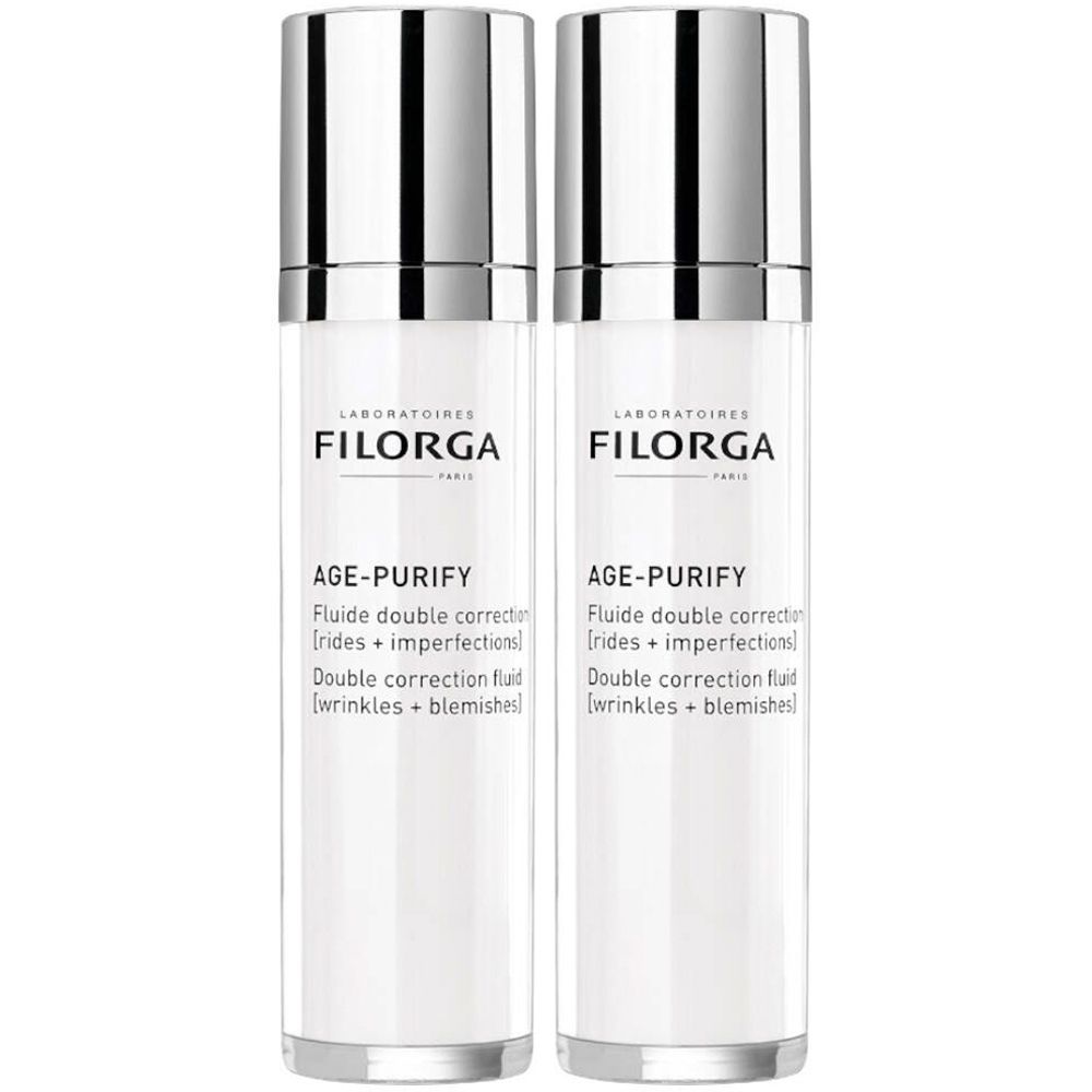Deux flacons blancs avec bouchons argentés. Inscription: Filorga, Age-Purify, Double Correction, contre rides et imperfections.