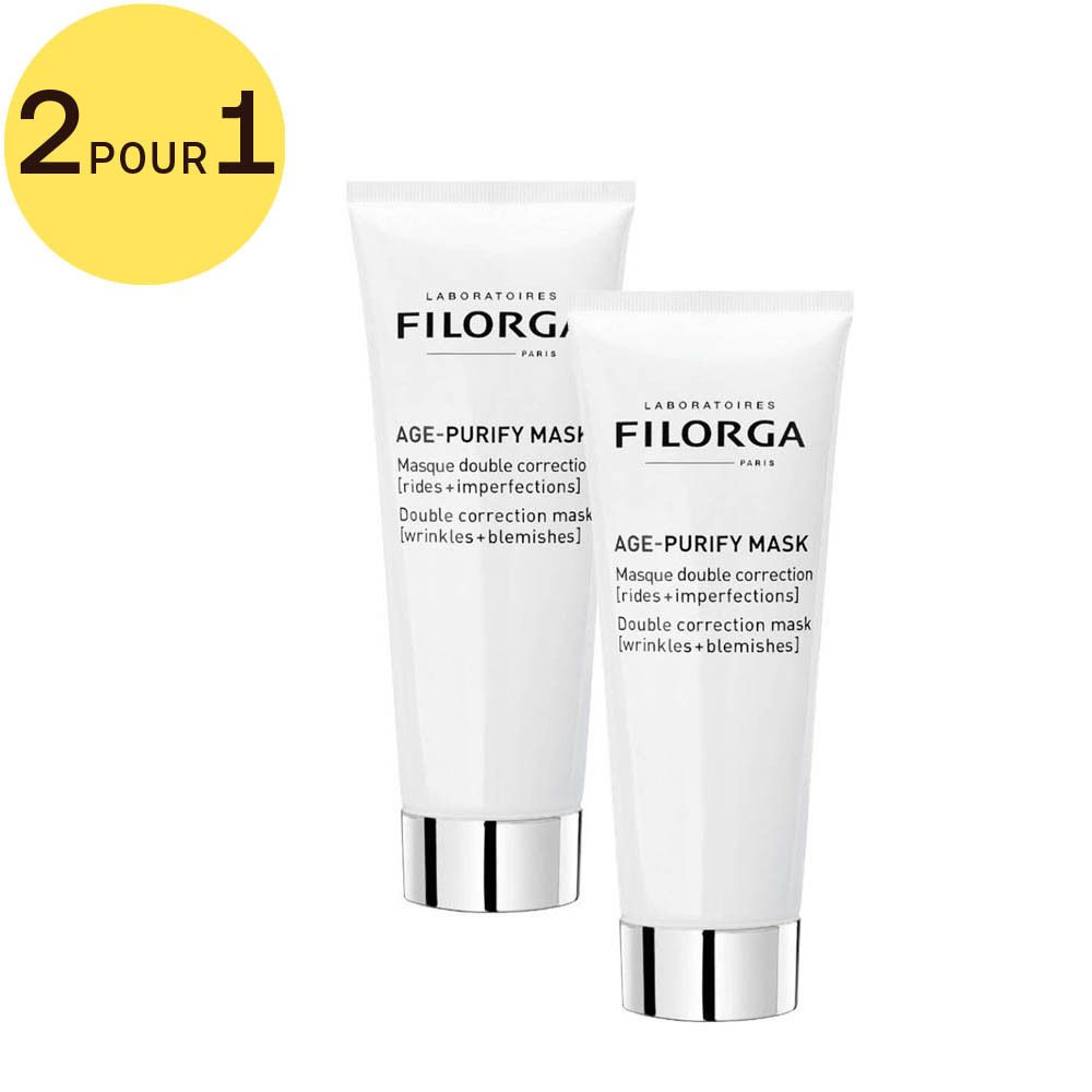 Deux tubes de Filorga Age-Purify Mask. Cercle jaune avec texte: 2 pour 1. Tubes blancs avec bouchons argentés. Texte: Age-Purify Mask.