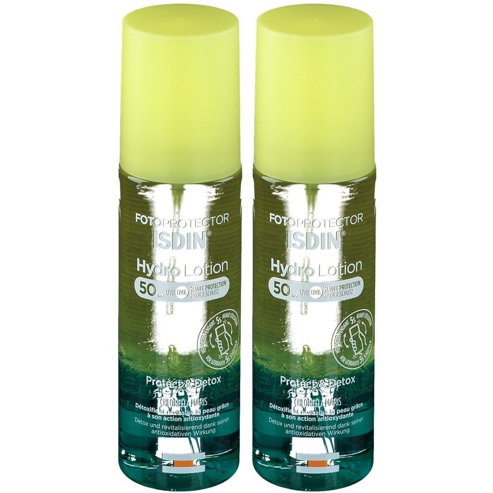 Zwei Flaschen ISDIN Fotoprotector Hydro Lotion SPF50+. Grüne und gelbe Etiketten. Aufschrift: Hydro Lotion SPF50+.