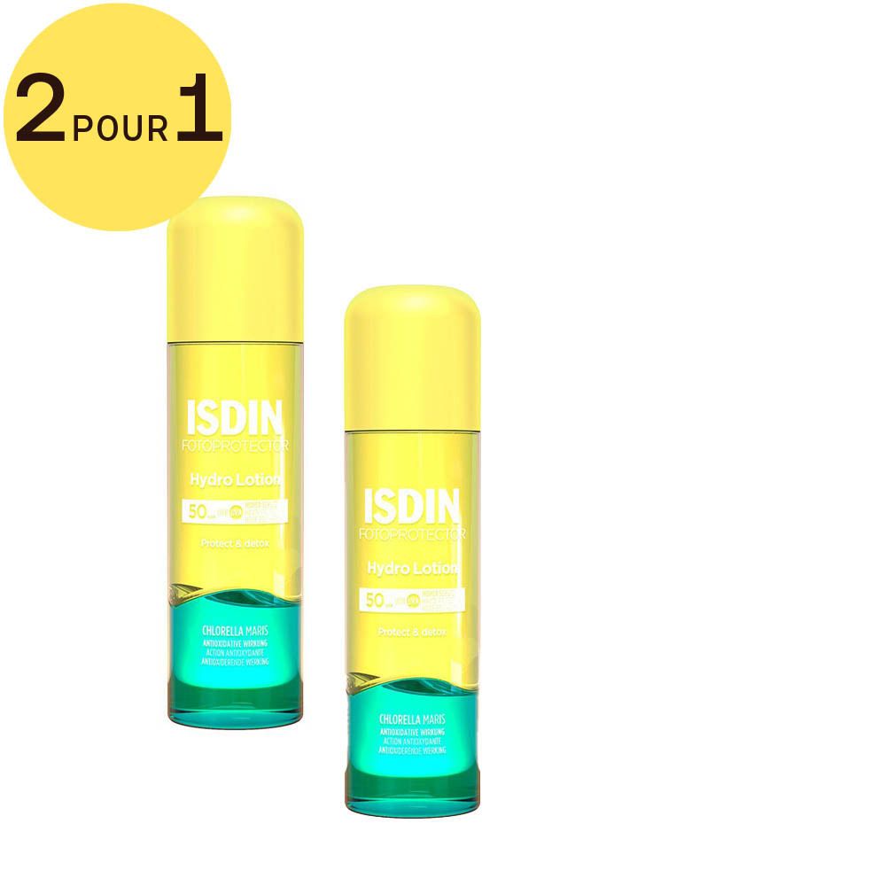 Deux flacons ISDIN Fotoprotector Hydro Lotion SPF50+. Bouchon jaune, étiquettes vertes et jaunes. Inscription: Hydro Lotion SPF50+.