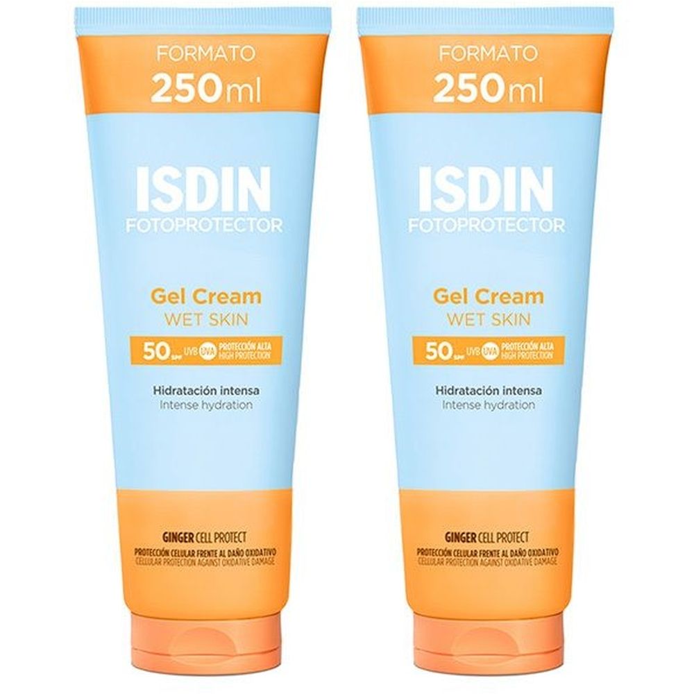 Deux tubes de Gel-Crème ISDIN Fotoprotector SPF50+ avec éléments orange et bleu clair. Inscription: Fotoprotector, 250ml.
