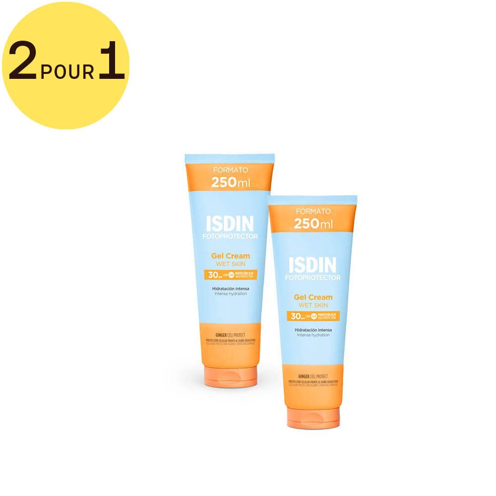 Deux tubes de ISDIN Fotoprotector Gel Cream SPF30. Design jaune-orange. Texte: 250ml, Gel Cream, Wet Skin, SPF30, 2 pour 1.
