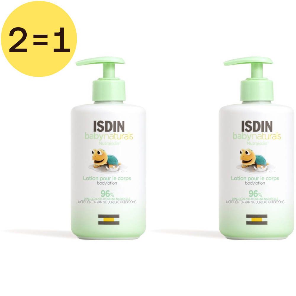 Zwei Flaschen Lotion mit grünen Pumpköpfen. Aufschrift: ISDIN Babynaturals, Lotion pour le corps, 96%. Gelber Kreis: 2=1.