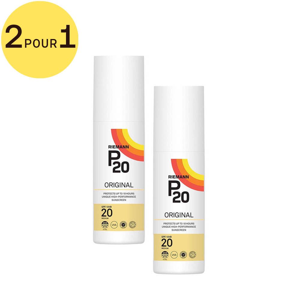 Deux flacons blancs avec vaporisateur et étiquette jaune. Inscription : P20 Original, SPF 20. Cercle jaune avec '2 pour 1'.