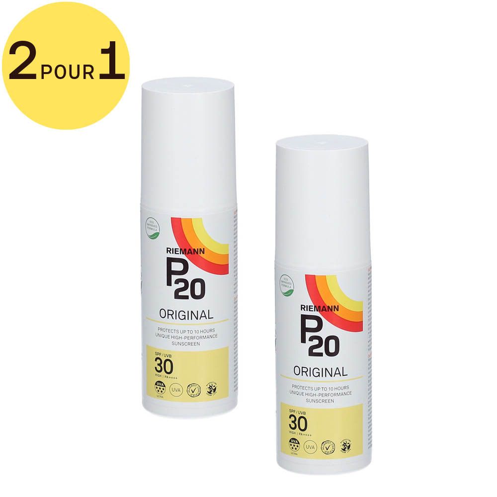 Deux flacons blancs avec étiquette jaune-orange. Inscription: P20 Original SPF30. Cercle jaune avec "2 pour 1".