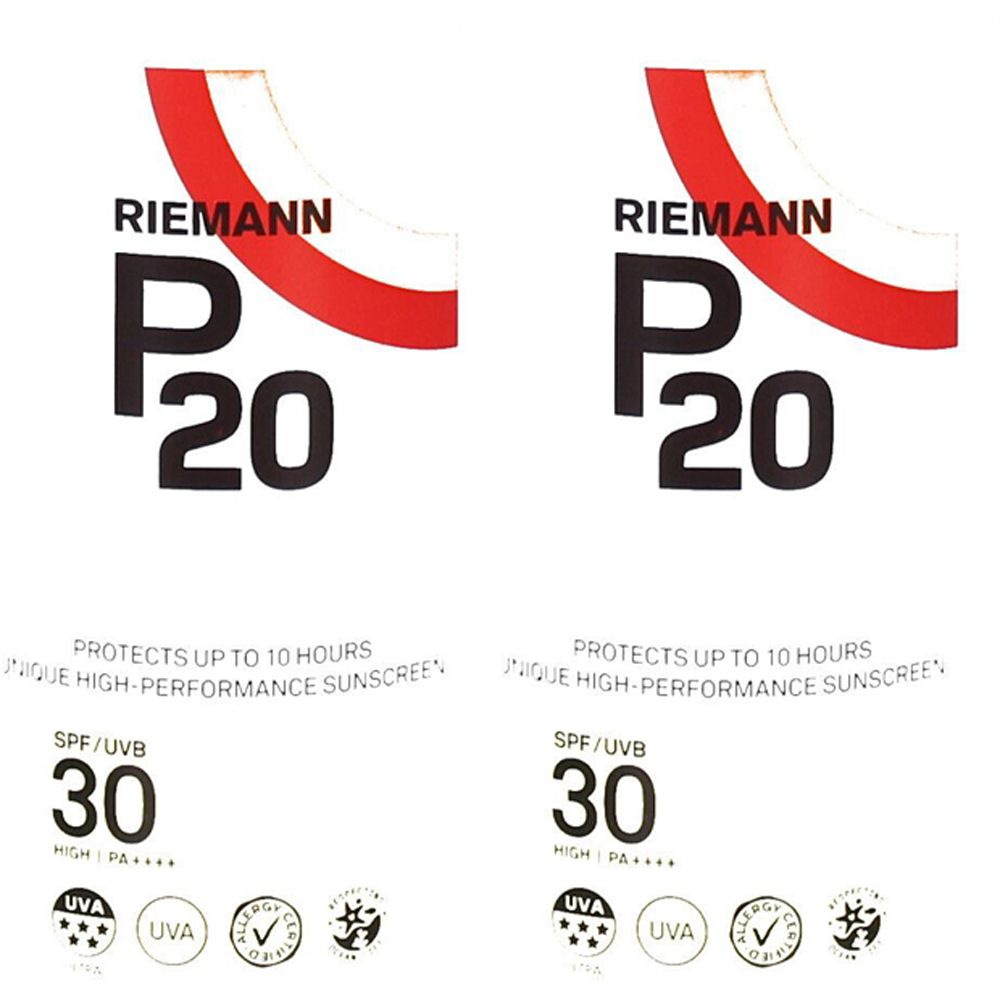 Deux logos identiques avec "RIEMANN", "P20", "SPF 30" et des informations de protection. Logo Uva et certification allergie.