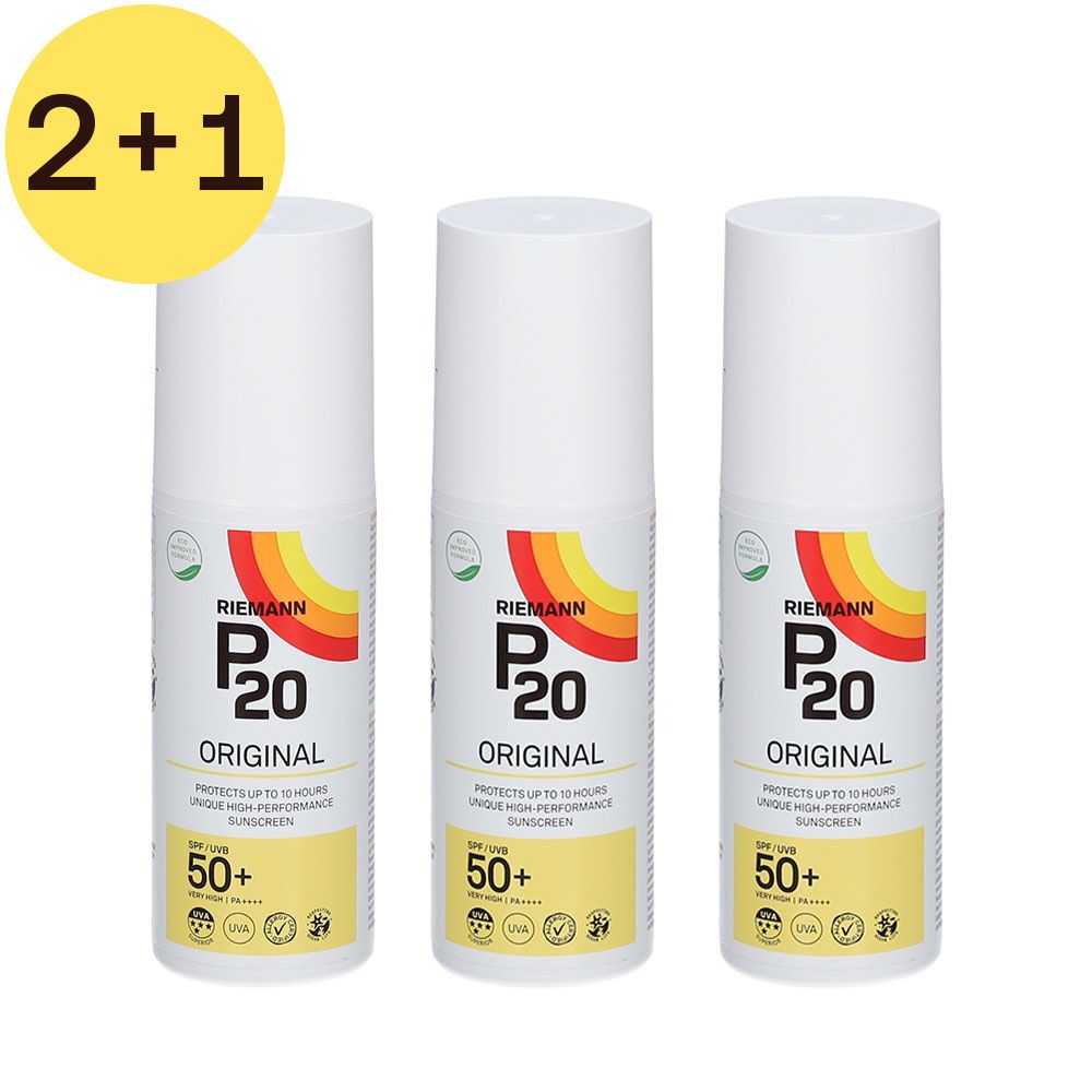 Drei Flaschen P20 Original SPF50+. Weißer Behälter mit gelbem, orangefarbenem und rotem Logo. Aufschrift: 2+1 GRATIS.